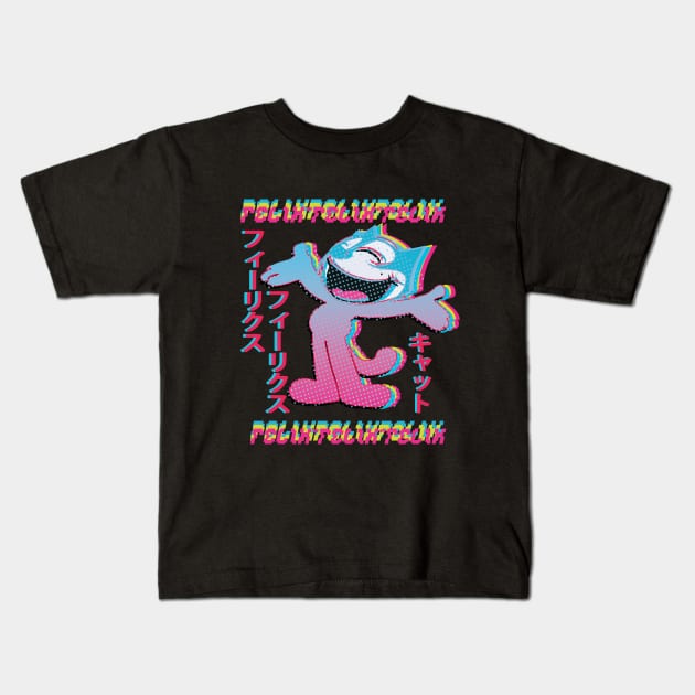 Felix the Cat Vaporwave Otaku Style Anime Felix Cat Katakana Glitch Style Kids T-Shirt by VogueTime